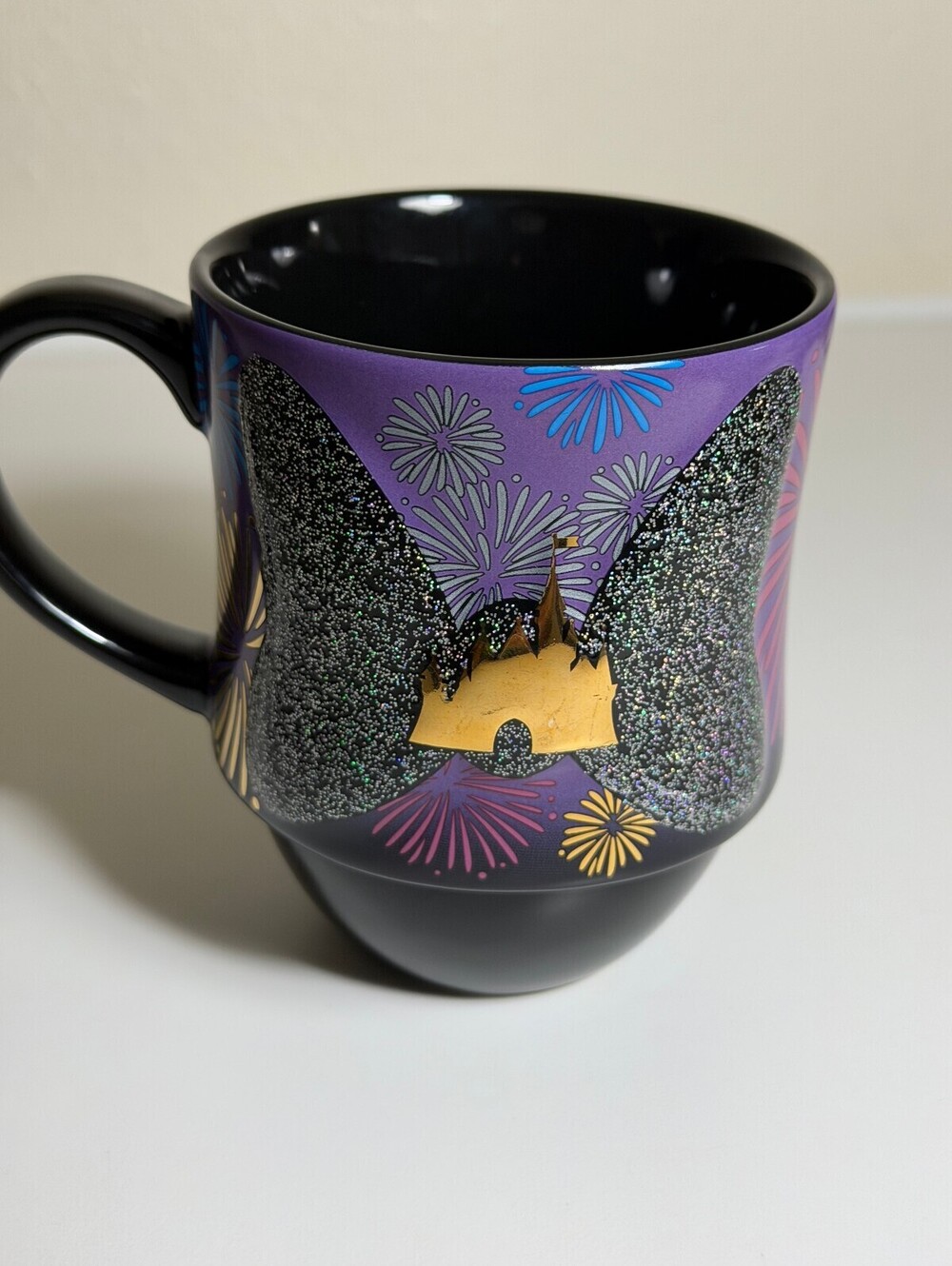 Disney Minnie Mouse Black and Purple Glitter Fireworks Ceramic Coffee Mug